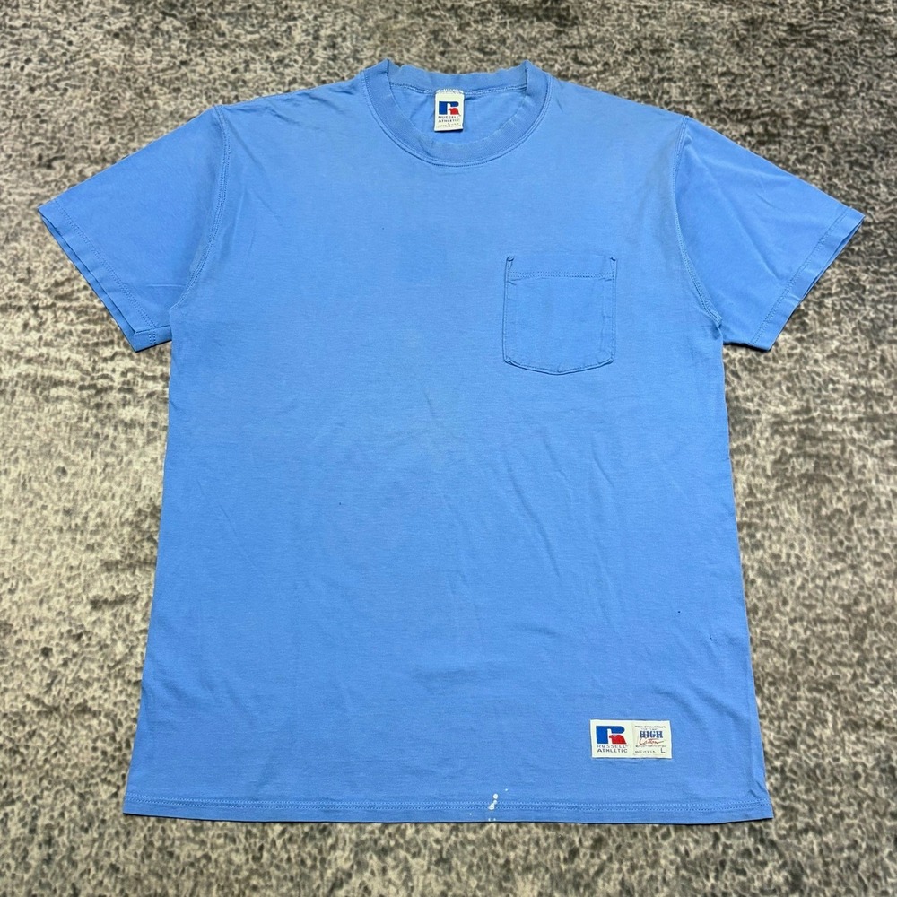 VTG Russell Athletic‎ Pocket Tee Shirt Mens Large Blue Faded Distressed USA 90s